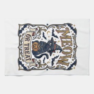 Meow Or Treat Cat Halloween Spooky Cat Vintage Vec Kitchen Towel