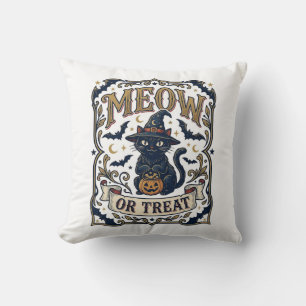 Meow Or Treat Cat Halloween Spooky Cat Vintage Vec Throw Pillow