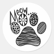 MEOW Paw Print Black and White Round Sticker
