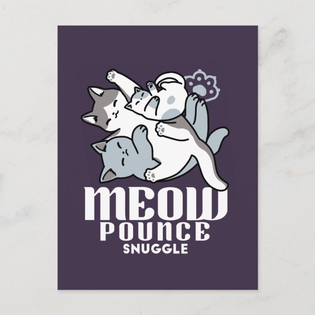 Meow Pounce Snuggle – Cute Sleeping Cats Postcard (Front)