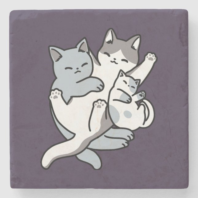 Meow Pounce Snuggle – Cute Sleeping Cats Stone Coaster (Front)