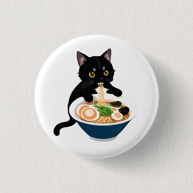 Meow-tastic Ramen Feast: Cute Cat Badge 1 Inch Round Button (Front)