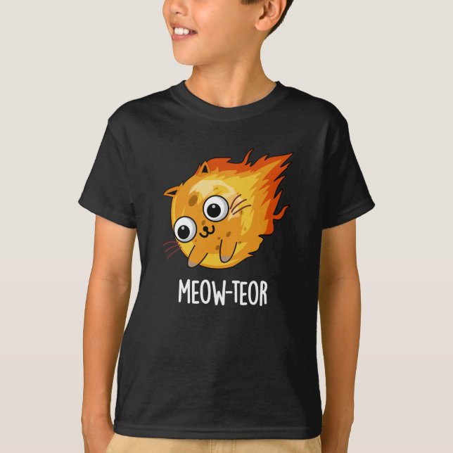 Meow-teor Funny Meteor Pun Dark BG T-Shirt (Front)