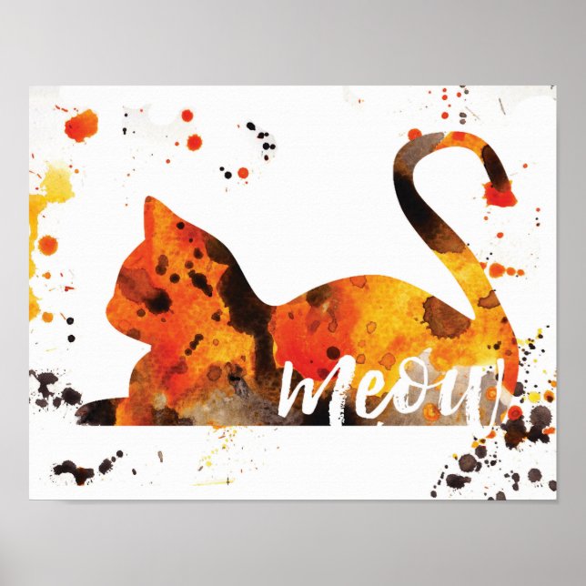 Meow Watercolor - Orange, Black, Yellow Poster (Front)