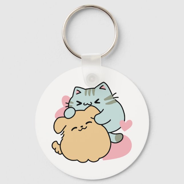 Meow & Woof Perfect Together - Cute Cat and Dog Keychain (Front)
