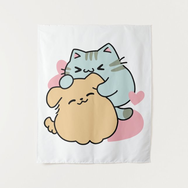 Meow & Woof Perfect Together - Cute Cat and Dog Tapestry (Front)