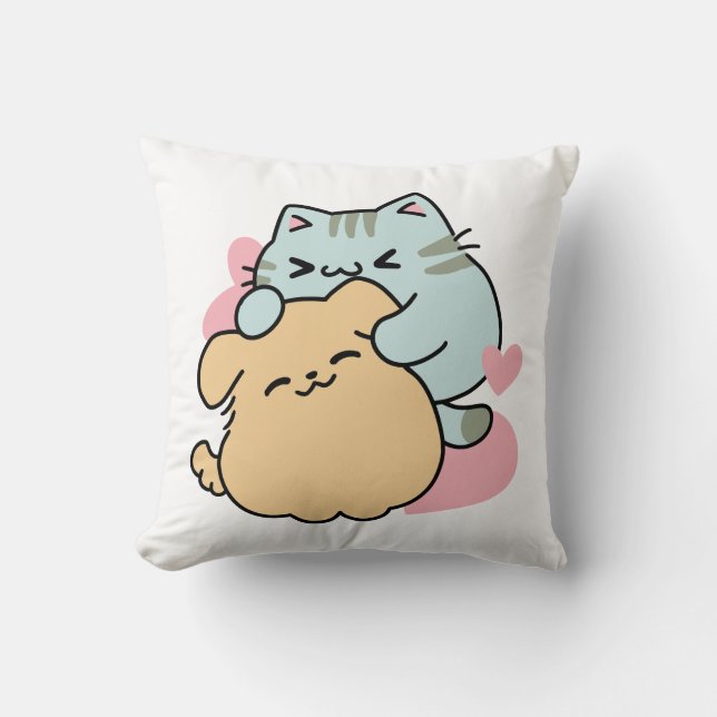 Meow & Woof Perfect Together - Cute Cat and Dog Throw Pillow (Front)