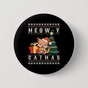 Meow-y Catmas Cat Christmas Tree Xmas Girls Boys F 2 Inch Round Button