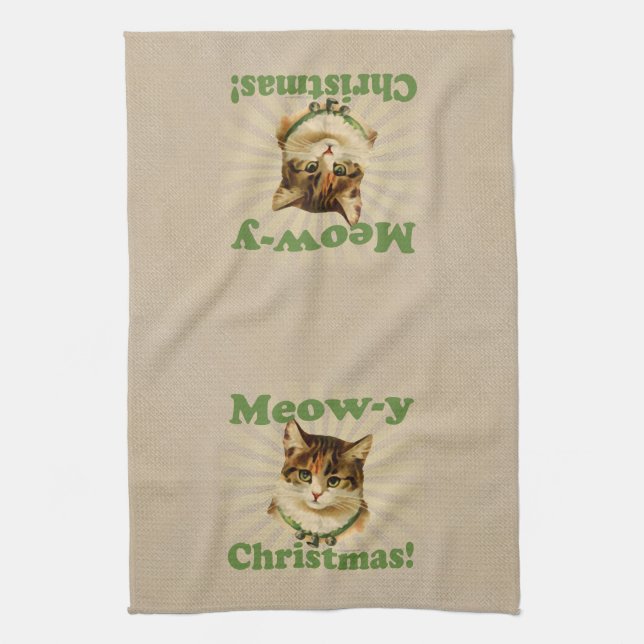 Meow-y Christmas, Cute Holiday Cat Animal Kitchen Towel (Vertical)
