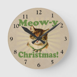 Meow-y Christmas, Cute Holiday Cat Animal Round Clock