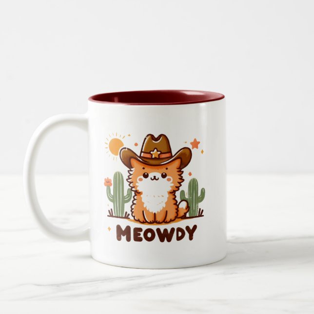 Meowdy cowboy Hat Cactus cat  Two-Tone Coffee Mug (Left)