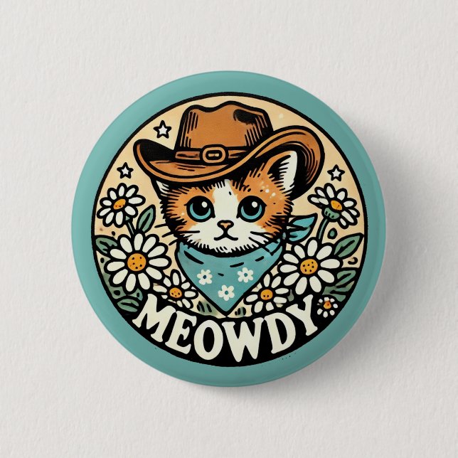 Meowdy Cowboy Kitty Cat                            2 Inch Round Button (Front)