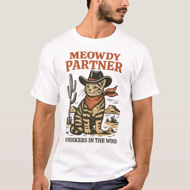 Meowdy Partner – Funny Cowboy Cat Western Design T-Shirt (Front)