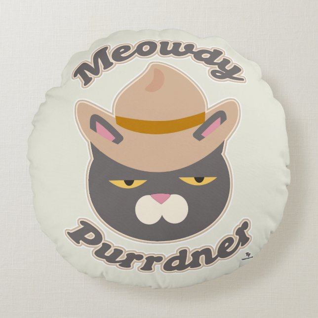 Meowdy Purrdner Fun Cowboy Cat Toon Art Round Pillow (Front)