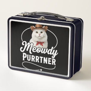 Meowdy Purrtner Funny Cat Cowboy Western Pun Desig Metal Lunch Box