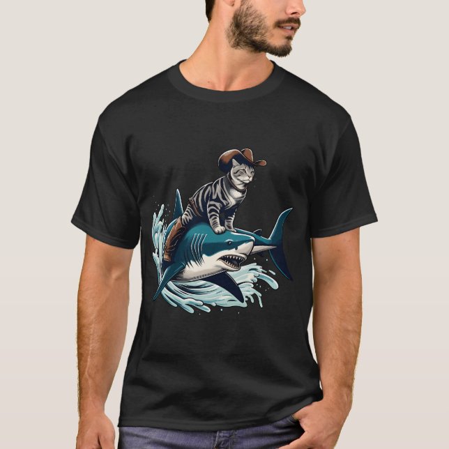 Meowdy Texas Cowboy Rodeo Cat Ride On Shark T-Shir T-Shirt (Front)