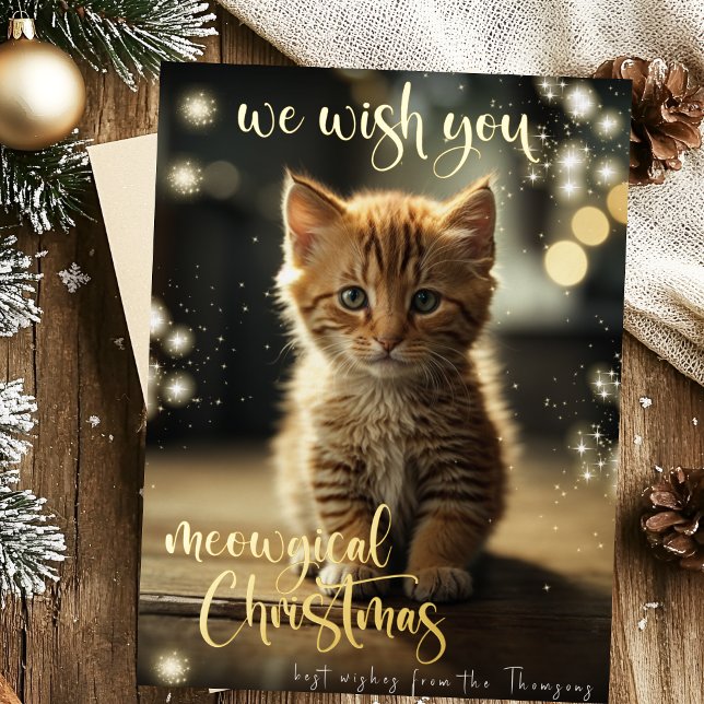 meowgical christmas gold pet cat photo  foil holiday postcard (Creator Uploaded)