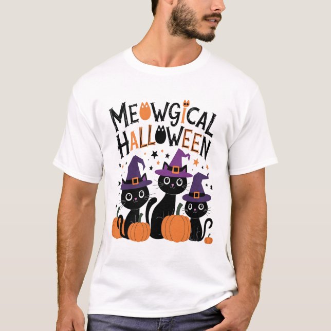 Meowgical Halloween – Cute Witch Cats to Enchant T-Shirt (Front)