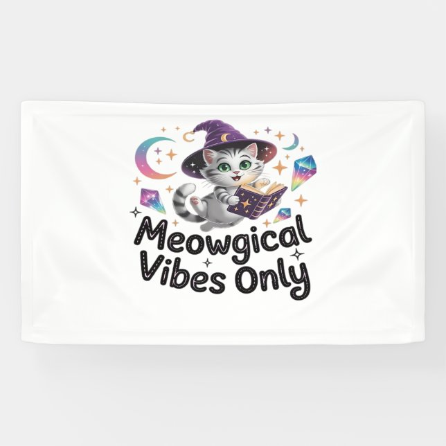 Meowgical Vibes Only, Floating Kawaii Witch Cat Ov Banner (Horizontal)