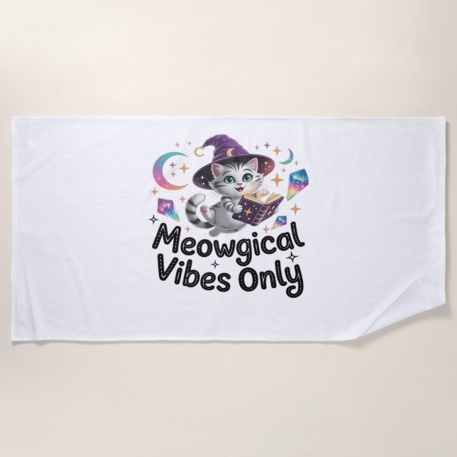 Meowgical Vibes Only, Floating Kawaii Witch Cat Ov Beach Towel (Front)