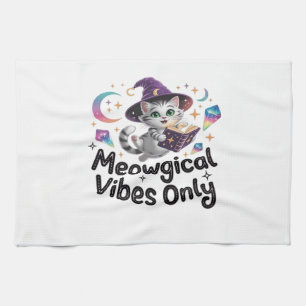 Meowgical Vibes Only, Floating Kawaii Witch Cat Ov Kitchen Towel