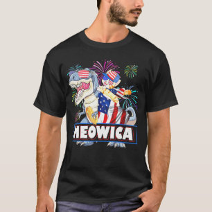 Meowica Cat Dinosaur Patriotic 4th Of July Firewor T-Shirt