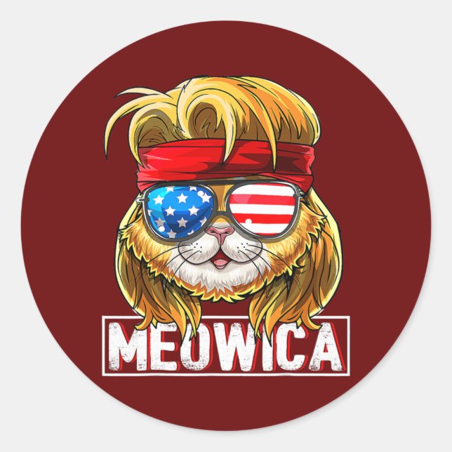 Meowica Cat Mullet American Flag Patriotic 4th Of Classic Round Sticker (Front)