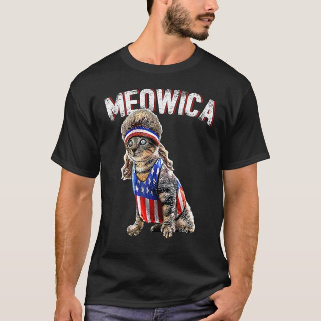 Meowica Cat Mullet American Flag Patriotic 4th Of  T-Shirt (Front)