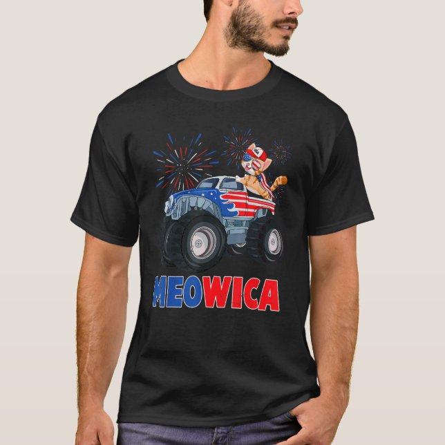 Meowica Cat With Monster Truck Usa Flag 4th Of Jul T-Shirt (Front)