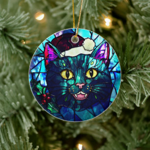 Meowing Stained-Glass Christmas Black Cat Ceramic Ornament