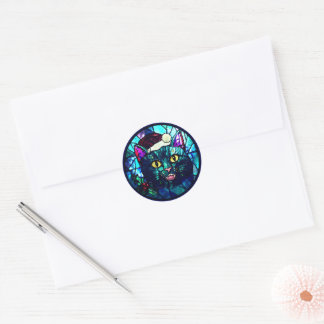 Meowing Stained-Glass Christmas Black Cat Classic Round Sticker