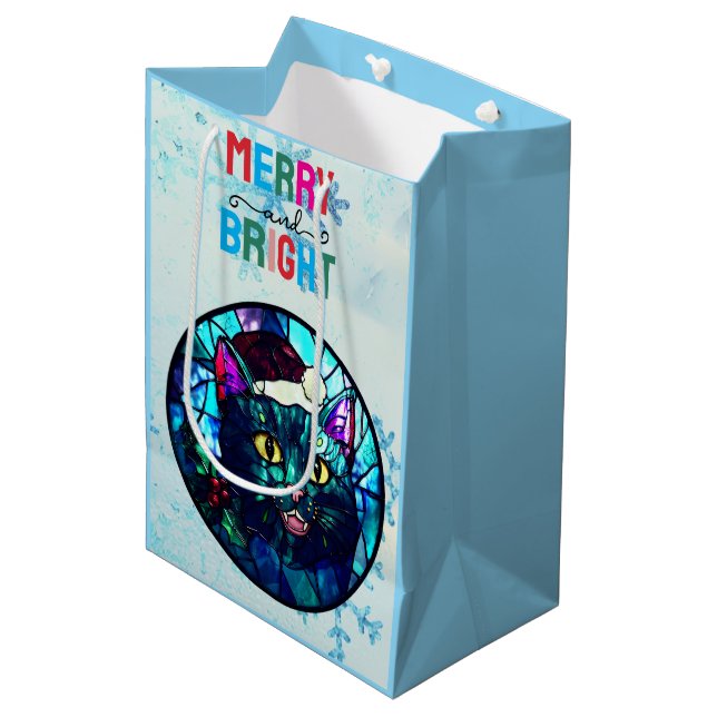Meowing Stained-Glass Christmas Black Cat Medium Gift Bag (Front Angled)