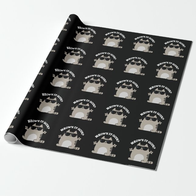 Meow's It Goin Funny Cat Pun Dark BG Wrapping Paper (Unrolled)