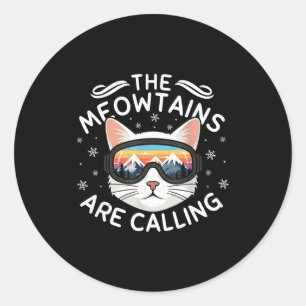 Meowtains Are Calling Funny Cat Skiing Retro Sunse Classic Round Sticker