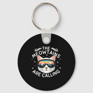 Meowtains Are Calling Funny Cat Skiing Retro Sunse Keychain