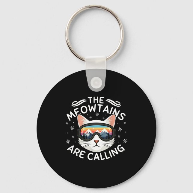 Meowtains Are Calling Funny Cat Skiing Retro Sunse Keychain (Front)