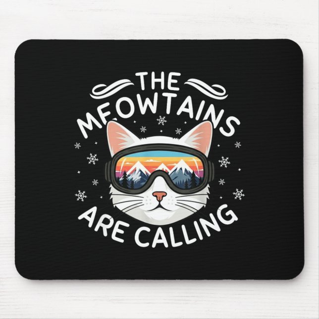 Meowtains Are Calling Funny Cat Skiing Retro Sunse Mouse Pad (Front)
