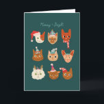 Meowy and Bright Christmas Cats Green  Holiday Card<br><div class="desc">Cute Christmas greeting card featuring a hand drawn illustration of various cats wearing holiday costumes. The text says "meowy   bright."</div>