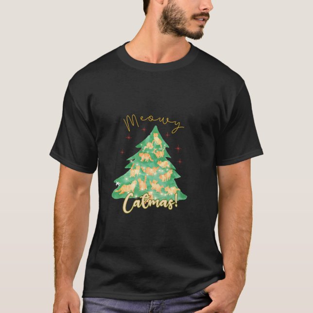 Meowy And Bright Christmas Tree Lights Xmas Cats W T-Shirt (Front)
