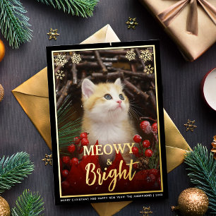 Meowy & Bright Cute Cat Photo & Snowflakes Pet Foil Holiday Card