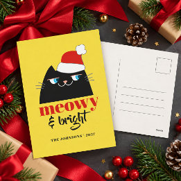 Meowy & Bright Funny Black Cat Christmas Holiday Postcard