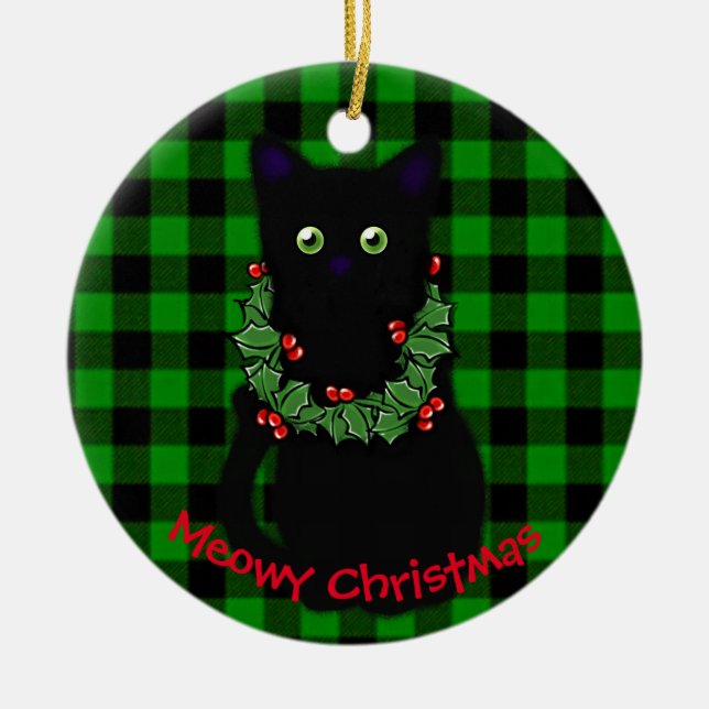 Meowy cat Christmas Red green Christmas wreath  Ceramic Ornament (Front)
