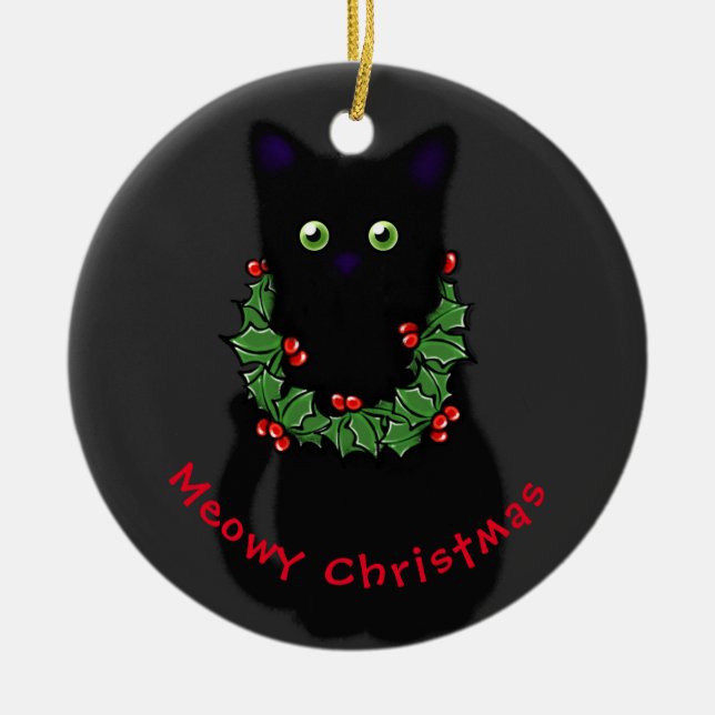 Meowy cat Christmas red green holly wreath Ceramic Ornament (Front)