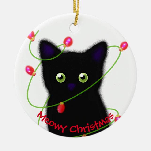 Meowy cat Christmas red green twinkle lights Ceramic Ornament (Front)