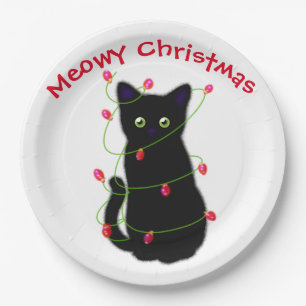 Meowy cat Christmas red green twinkle lights Paper Plate