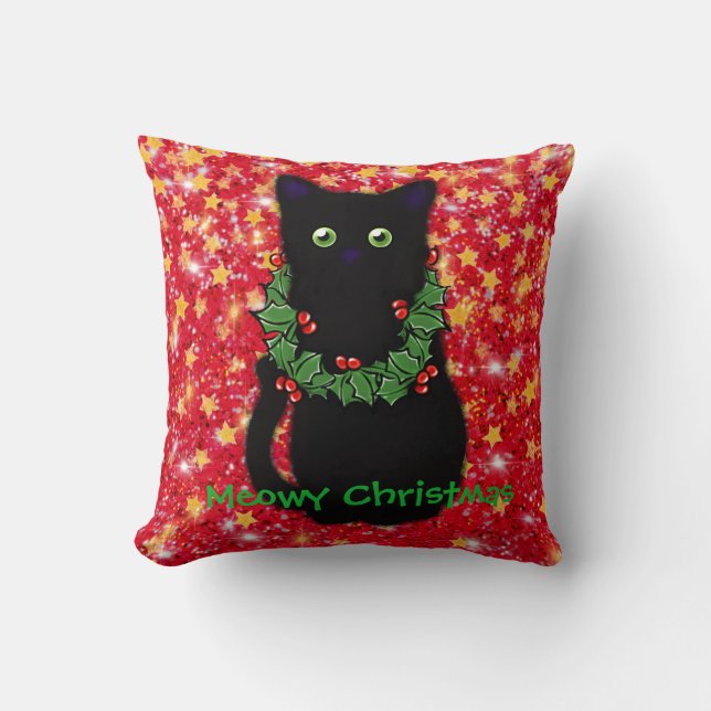 Meowy cat Christmas red green wreath sparkly  Throw Pillow (Front)