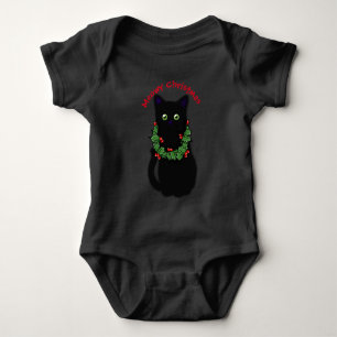 Meowy cat Christmas Red plaid holly berries Baby Bodysuit