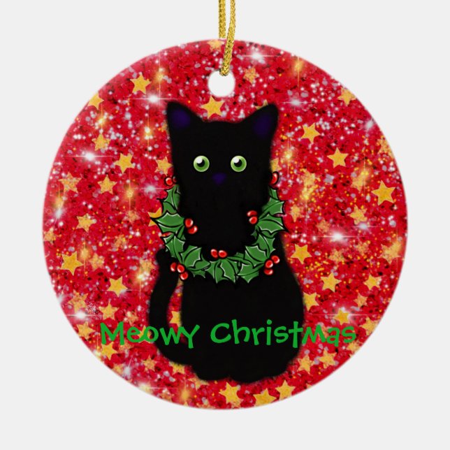 Meowy cat Christmas Red sparkle glitter Ceramic Ornament (Front)