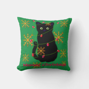 Meowy cat Christmas   sparkling  gold snowflakes Throw Pillow