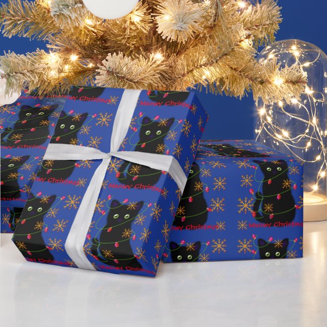 Meowy cat Christmas | sparkling  gold snowflakes Wrapping Paper (Holidays)